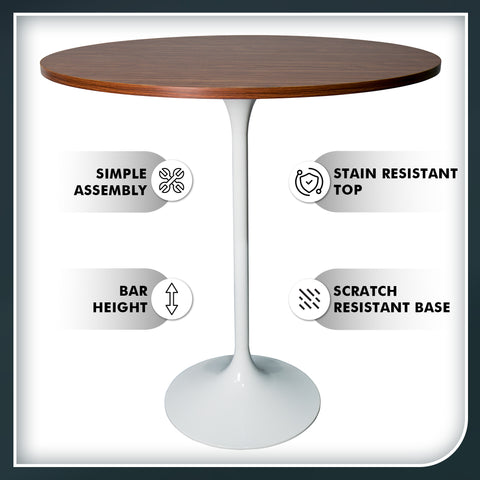 Verve Bar Height Dining Table with 27" Round MDF Top and White Stainless Steel Pedestal Base