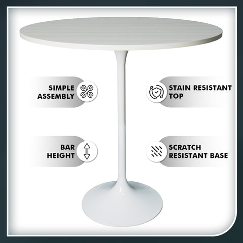 Verve Bar Height Dining Table with 27" Round MDF Top and White Stainless Steel Pedestal Base