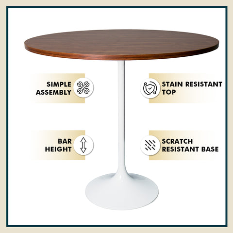 Verve Bar Height Dining Table with 27" Round MDF Top and White Stainless Steel Pedestal Base