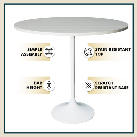 Verve Bar Height Dining Table with 27" Round MDF Top and White Stainless Steel Pedestal Base