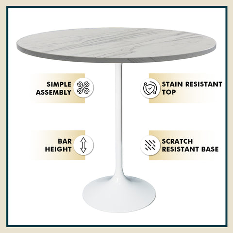 Verve Bar Height Dining Table with 27" Round MDF Top and White Stainless Steel Pedestal Base