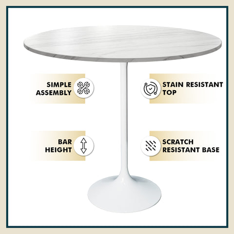 Verve Bar Height Dining Table with 27" Round MDF Top and White Stainless Steel Pedestal Base