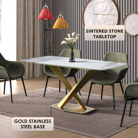 Voren Dining Table with Rectangular Tabletop with Gold/Black Stainless Steel Base