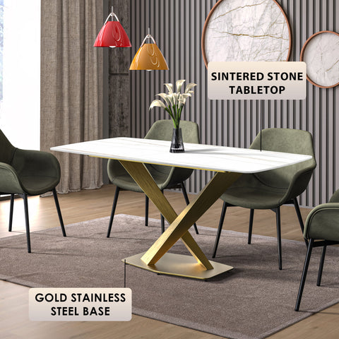 Voren Dining Table with Rectangular Tabletop with Gold/Black Stainless Steel Base