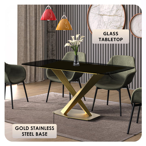 Voren Dining Table with Rectangular Tabletop with Gold/Black Stainless Steel Base