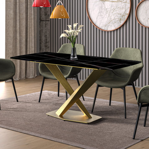 Voren Dining Table with Rectangular Tabletop with Gold/Black Stainless Steel Base