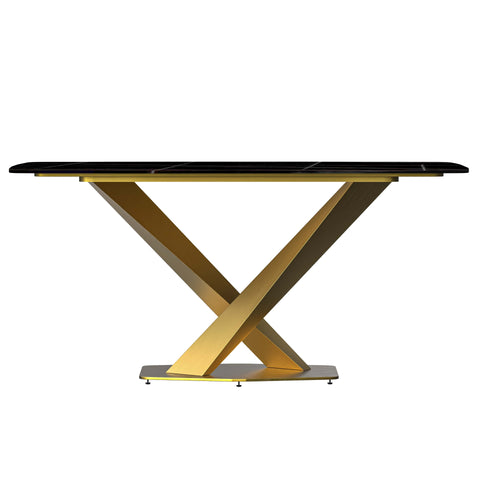 Voren Dining Table with Rectangular Tabletop with Gold/Black Stainless Steel Base