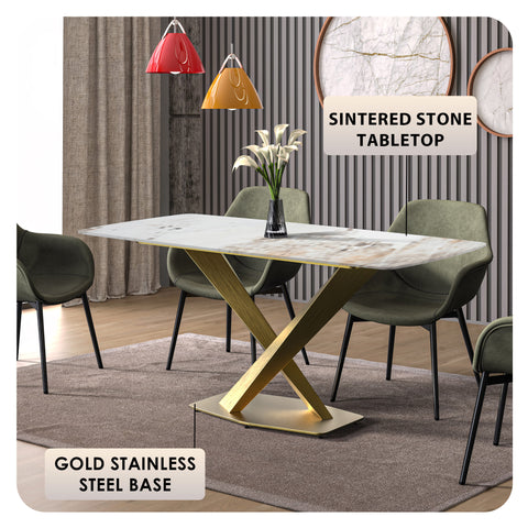 Voren Dining Table with Rectangular Tabletop with Gold/Black Stainless Steel Base