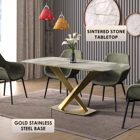 Voren Dining Table with Rectangular Tabletop with Gold/Black Stainless Steel Base