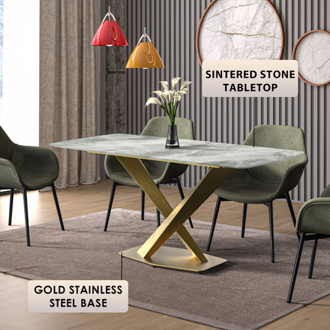 Voren Dining Table with Rectangular Tabletop with Gold/Black Stainless Steel Base