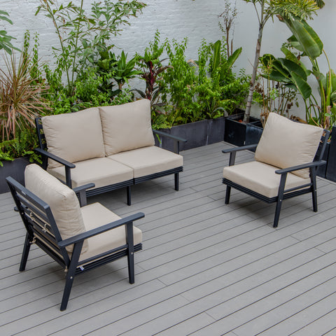 Walbrooke Modern 3-Piece Outdoor Patio Set with Black Aluminum Frame and Removable Cushions Loveseat and Set of 2 Armchairs