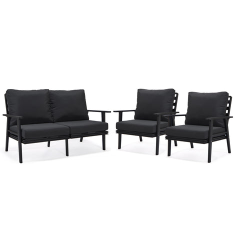 Walbrooke Modern 3-Piece Outdoor Patio Set with Black Aluminum Frame and Removable Cushions Loveseat and Set of 2 Armchairs