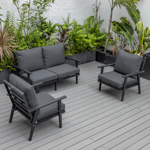 Walbrooke Modern 3-Piece Outdoor Patio Set with Black Aluminum Frame and Removable Cushions Loveseat and Set of 2 Armchairs