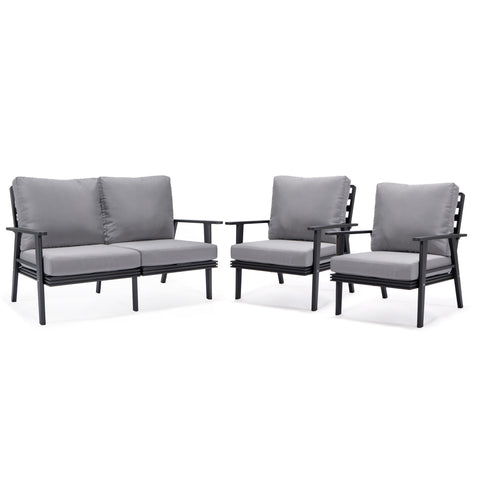 Walbrooke Modern 3-Piece Outdoor Patio Set with Black Aluminum Frame and Removable Cushions Loveseat and Set of 2 Armchairs