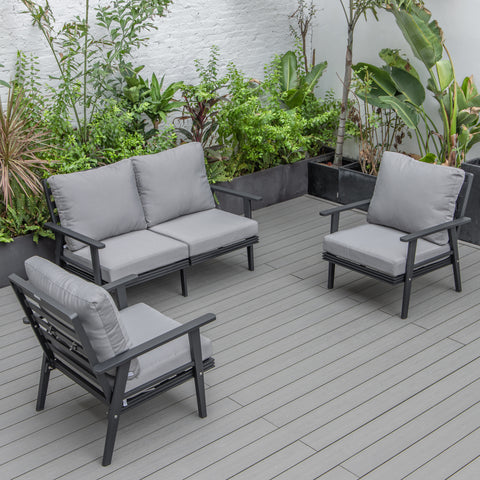 Walbrooke Modern 3-Piece Outdoor Patio Set with Black Aluminum Frame and Removable Cushions Loveseat and Set of 2 Armchairs