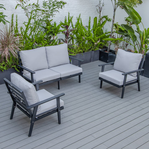 Walbrooke Modern 3-Piece Outdoor Patio Set with Black Aluminum Frame and Removable Cushions Loveseat and Set of 2 Armchairs