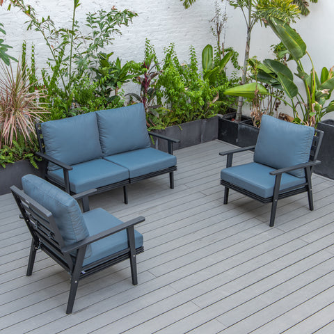 Walbrooke Modern 3-Piece Outdoor Patio Set with Black Aluminum Frame and Removable Cushions Loveseat and Set of 2 Armchairs