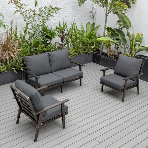 Walbrooke Modern 3-Piece Outdoor Patio Set with Black Aluminum Frame and Removable Cushions Loveseat and Set of 2 Armchairs