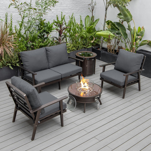 Walbrooke Modern Brown Patio Conversation With Round Fire Pit With Slats Design & Tank Holder