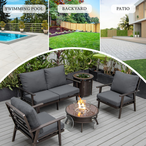 Walbrooke Modern Brown Patio Conversation With Round Fire Pit With Slats Design & Tank Holder