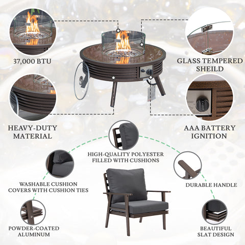 Walbrooke Modern Brown Patio Conversation With Round Fire Pit With Slats Design & Tank Holder