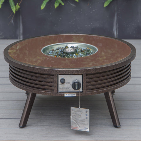 Walbrooke Modern Brown Patio Conversation With Round Fire Pit With Slats Design & Tank Holder