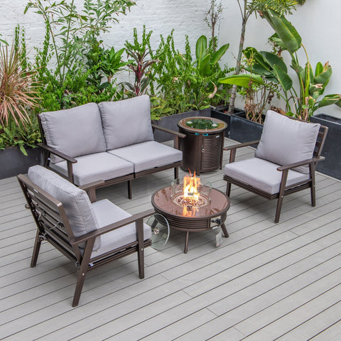 Walbrooke Modern Brown Patio Conversation With Round Fire Pit With Slats Design & Tank Holder