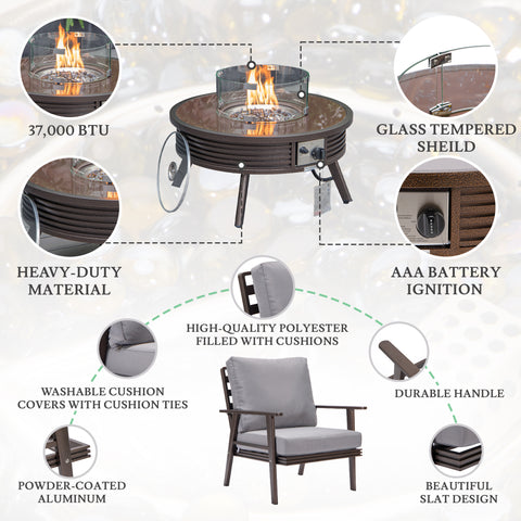 Walbrooke Modern Brown Patio Conversation With Round Fire Pit With Slats Design & Tank Holder