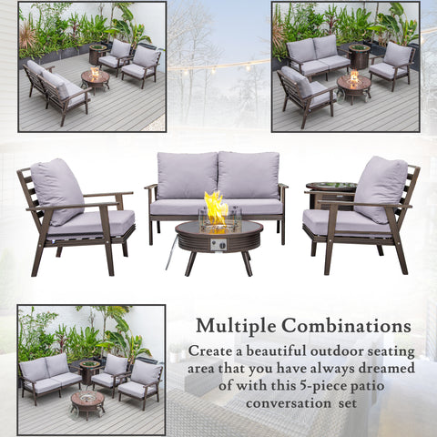 Walbrooke Modern Brown Patio Conversation With Round Fire Pit With Slats Design & Tank Holder