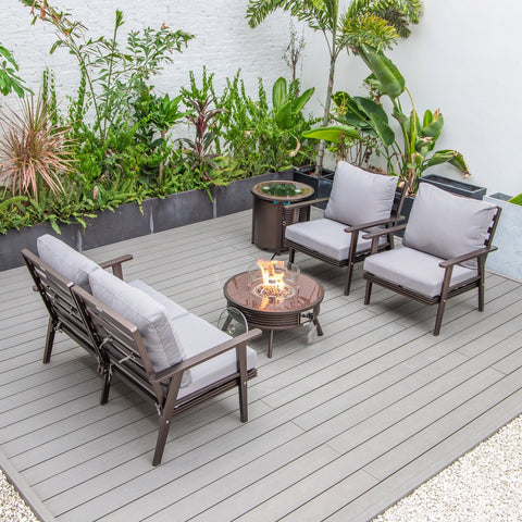 Walbrooke Modern Brown Patio Conversation With Round Fire Pit With Slats Design & Tank Holder