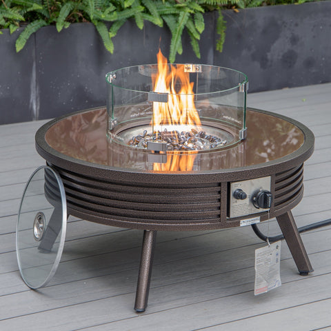 Walbrooke Modern Brown Patio Conversation With Round Fire Pit With Slats Design & Tank Holder