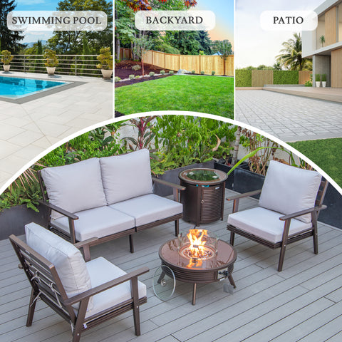 Walbrooke Modern Brown Patio Conversation With Round Fire Pit With Slats Design & Tank Holder