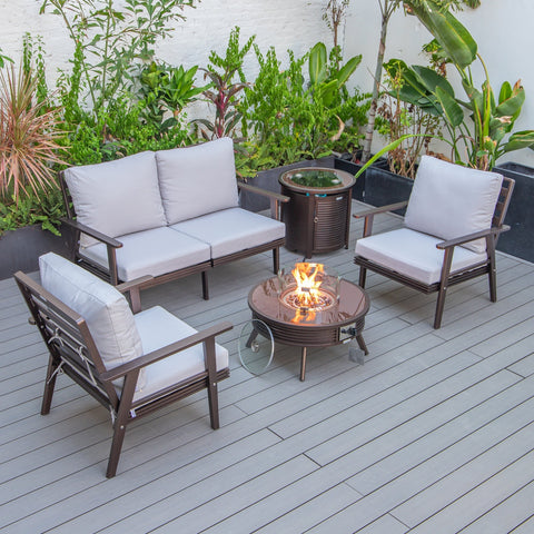 Walbrooke Modern Brown Patio Conversation With Round Fire Pit With Slats Design & Tank Holder