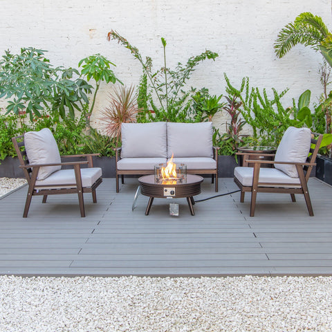 Walbrooke Modern Brown Patio Conversation With Round Fire Pit With Slats Design & Tank Holder