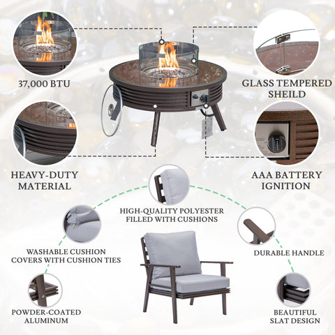 Walbrooke Modern Brown Patio Conversation With Round Fire Pit With Slats Design & Tank Holder