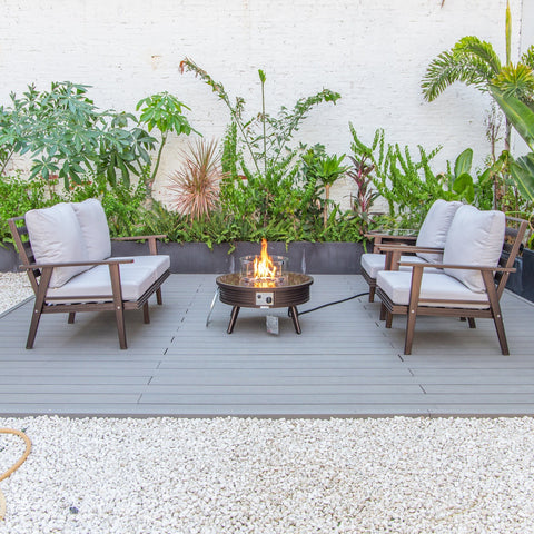 Walbrooke Modern Brown Patio Conversation With Round Fire Pit With Slats Design & Tank Holder