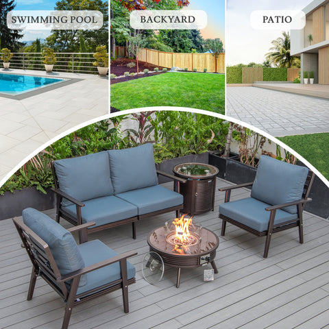 Walbrooke Modern Brown Patio Conversation With Round Fire Pit With Slats Design & Tank Holder