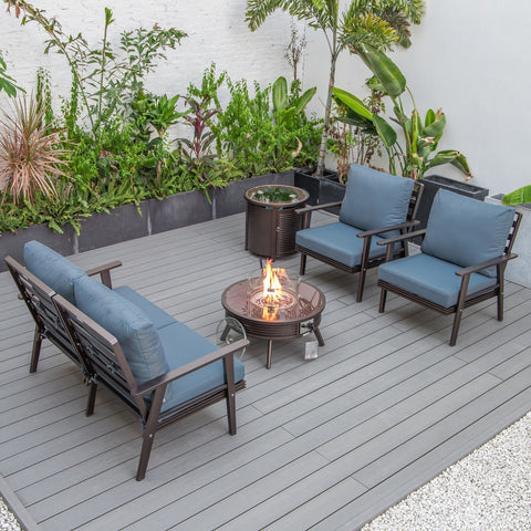 Walbrooke Modern Brown Patio Conversation With Round Fire Pit With Slats Design & Tank Holder