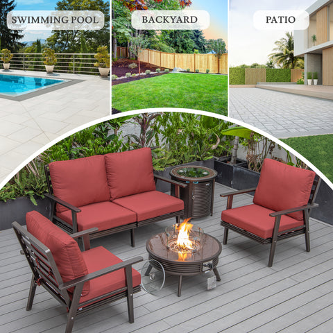 Walbrooke Modern Brown Patio Conversation With Round Fire Pit With Slats Design & Tank Holder