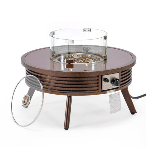 Walbrooke Modern Outdoor Round Fire Pit Table with Powder-Coated Aliuminum Frame and Slats Design