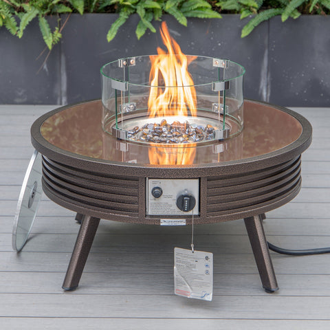 Walbrooke Modern Outdoor Round Fire Pit Table with Powder-Coated Aliuminum Frame and Slats Design