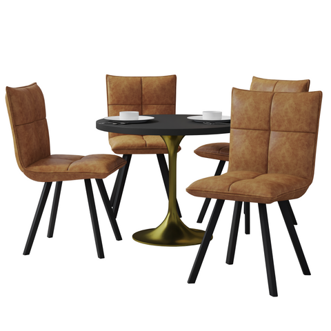 Verve 5-Piece Dining Set with 36" Round Dining Table in Black MDF Top and 4 Leather Dining Chairs