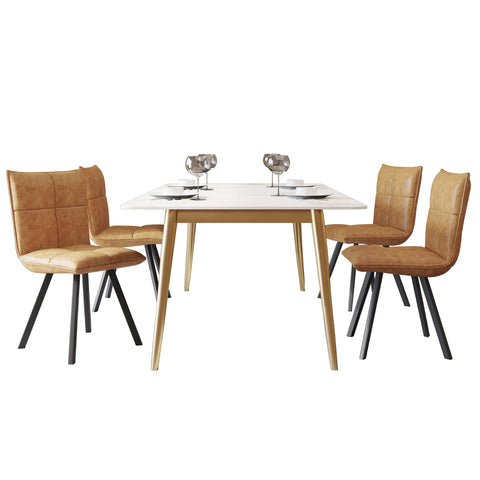 Zayle 5-Piece Dining Set with 55" Rectangular Dining Table in White Grey Sintered Stone Top and 4 Leather Dining Chairs