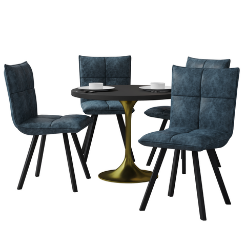 Verve 5-Piece Dining Set with 36" Round Dining Table in Black MDF Top and 4 Leather Dining Chairs