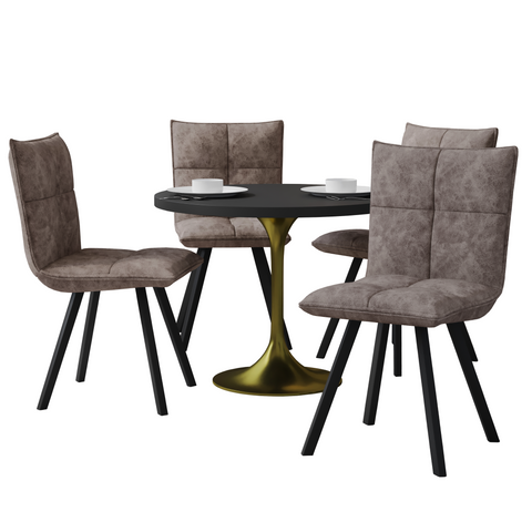 Verve 5-Piece Dining Set with 36" Round Dining Table in Black MDF Top and 4 Leather Dining Chairs