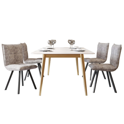 Zayle 5-Piece Dining Set with 55" Rectangular Dining Table in White Grey Sintered Stone Top and 4 Leather Dining Chairs