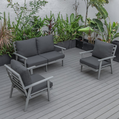 Walbrooke Modern 3-Piece Outdoor Patio Set with Black Aluminum Frame and Removable Cushions Loveseat and Set of 2 Armchairs