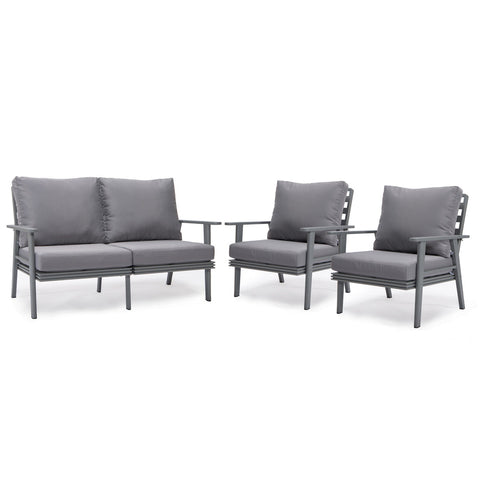 Walbrooke Modern 3-Piece Outdoor Patio Set with Grey Aluminum Frame and Removable Cushions Loveseat and Set of 2 Armchairs