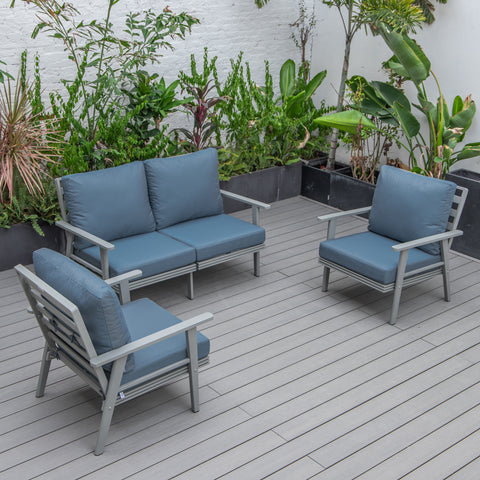 Walbrooke Modern 3-Piece Outdoor Patio Set with Black Aluminum Frame and Removable Cushions Loveseat and Set of 2 Armchairs