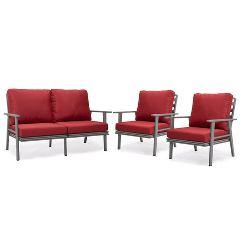 Walbrooke Modern 3-Piece Outdoor Patio Set with Grey Aluminum Frame and Removable Cushions Loveseat and Set of 2 Armchairs